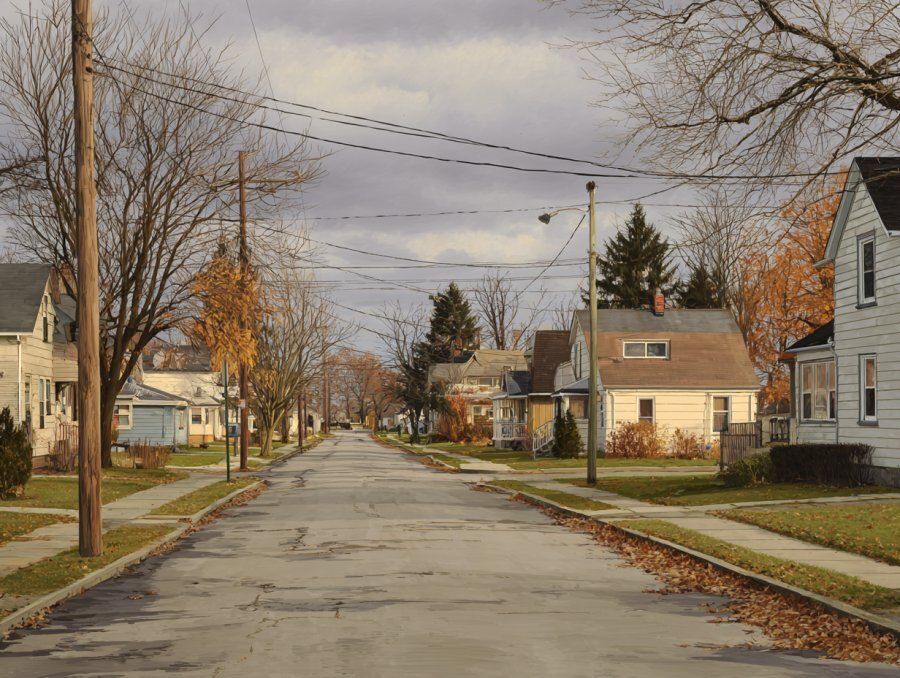 Quiet residential street in Lackawanna NY in late autumn — Erie County community where home equity can resolve debt and lien situations