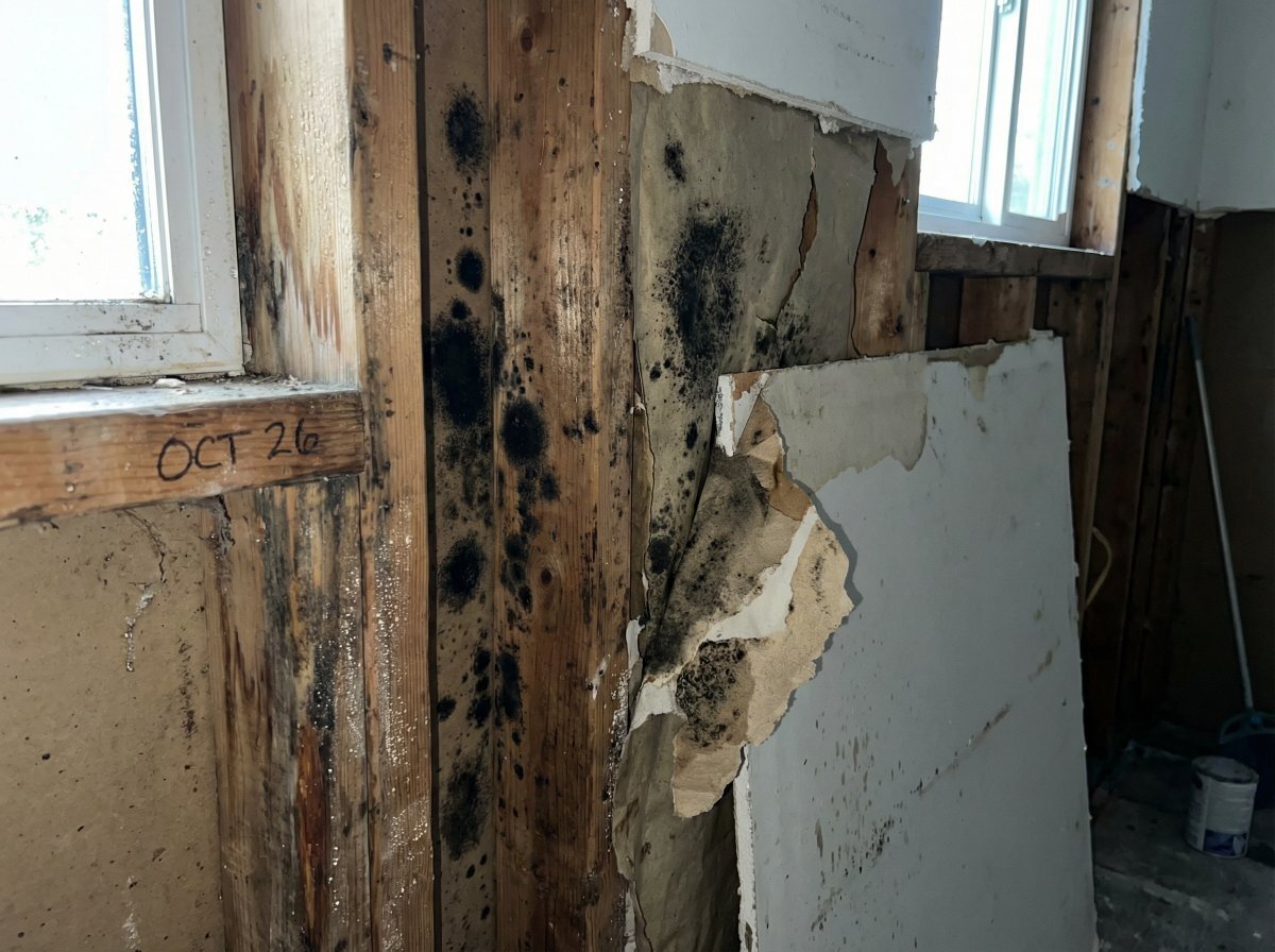 Mold growth on drywall and framing after water damage — Erie County NY home insurance claim denied