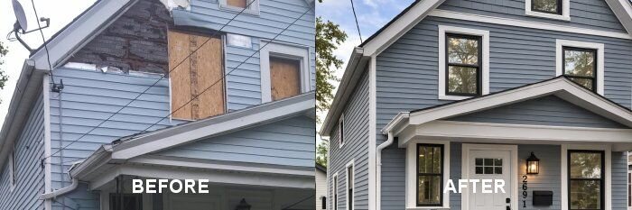Mid-renovation Buffalo NY house with boarded window and unfinished porch framing before completion by Nickel City Buyers