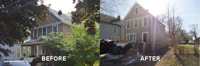 Overgrown Buffalo NY property with trees blocking view of house before cash purchase and exterior renovation by Nickel City Buyers