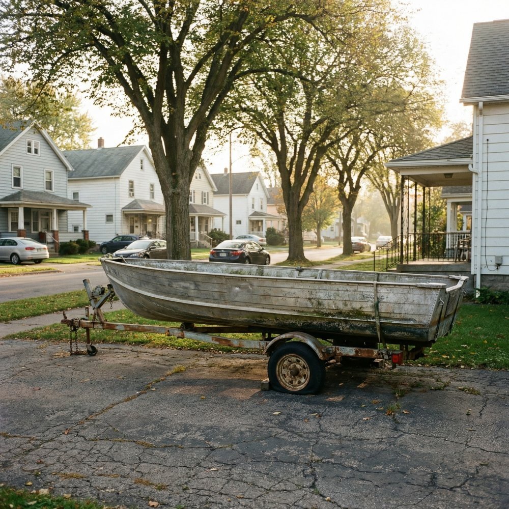 Small aluminum fishing boat on trailer in Buffalo NY driveway ready for removal and disposal