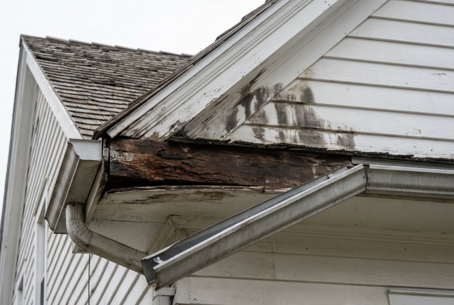 Rotted fascia board behind pulled gutter on older Erie County NY home — ice dam overflow and gutter failure driving wood decay