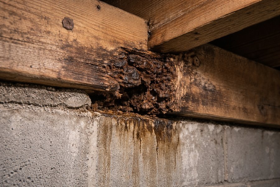 Rotted floor joist with moisture damage at bearing end — pre-1960 Buffalo NY home basement, common cause of sagging floors in WNY