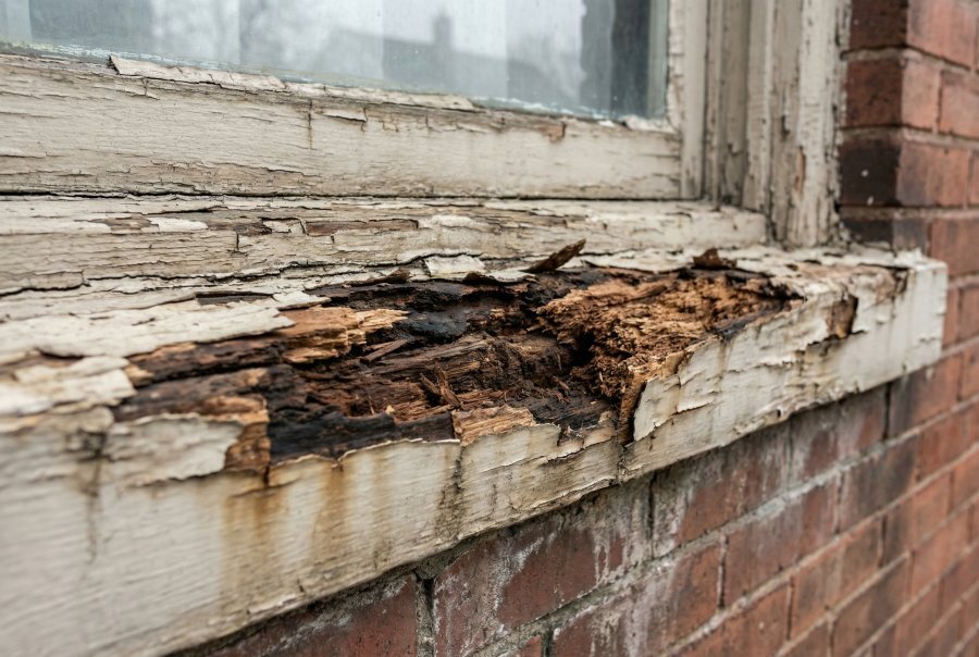Severely rotted wood window sill with end grain decay on older Buffalo NY home — common WNY moisture damage