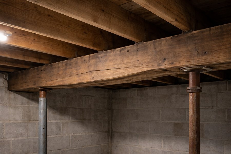 Sagging main carrying beam in pre-1950 Erie County NY home basement — mid-span deflection causing sloping floors above