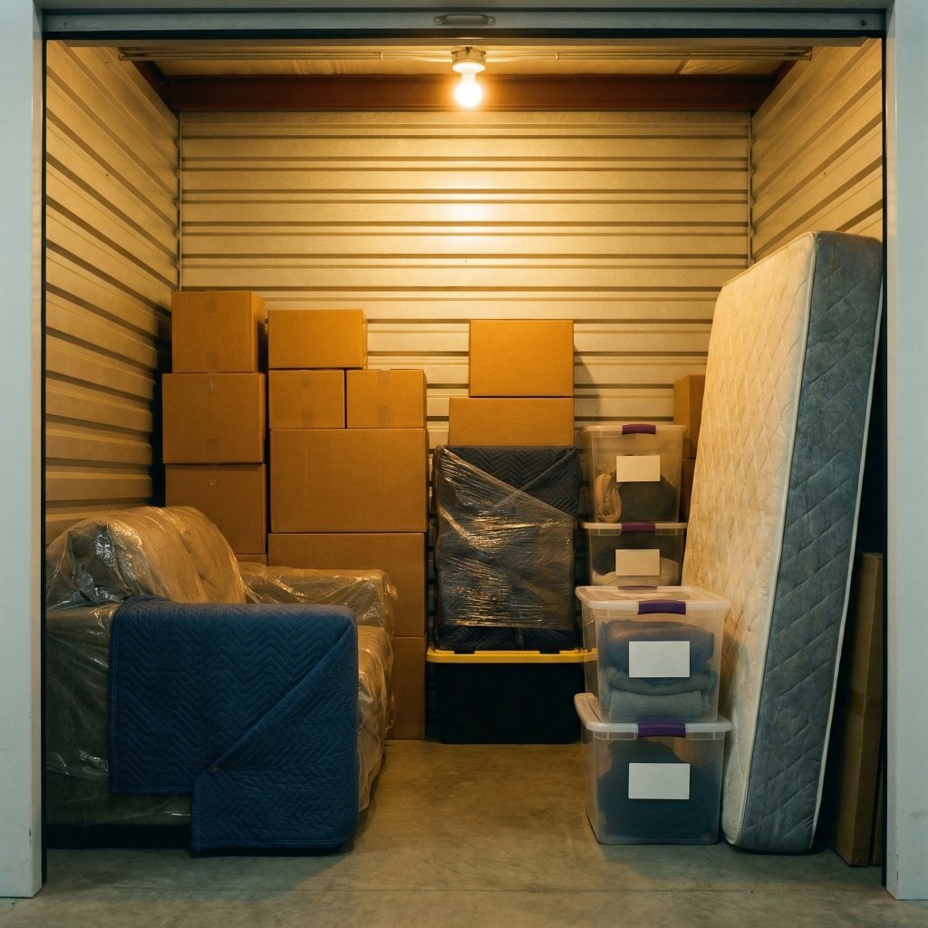 Self storage unit interior Buffalo NY organized boxes furniture