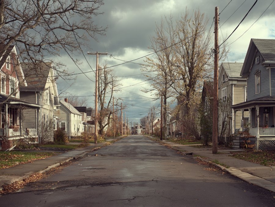 Quiet South Buffalo NY residential street in late autumn — typical pre-1960 WNY wood clapboard housing stock