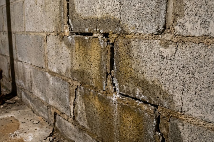 Stair-step crack pattern in concrete block foundation wall of Buffalo NY home showing freeze-thaw damage
