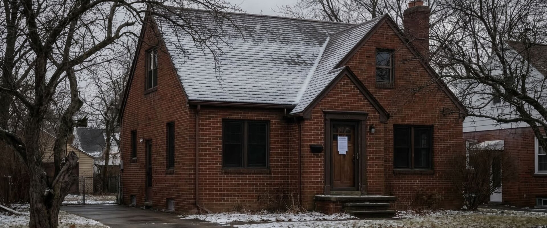 Modest red brick home in Buffalo NY with foreclosure notice on front door during winter
