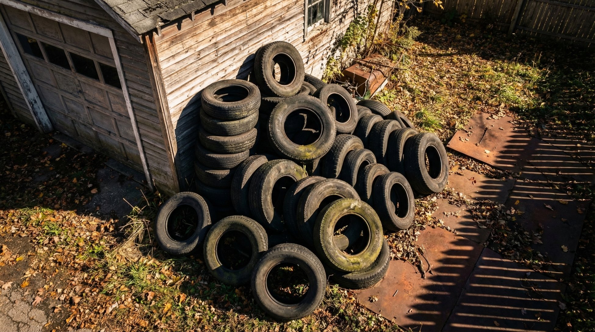 Stack of old worn tires in a Buffalo NY garage waiting for disposal — tire recycling guide for Erie County and Western New York homeowners