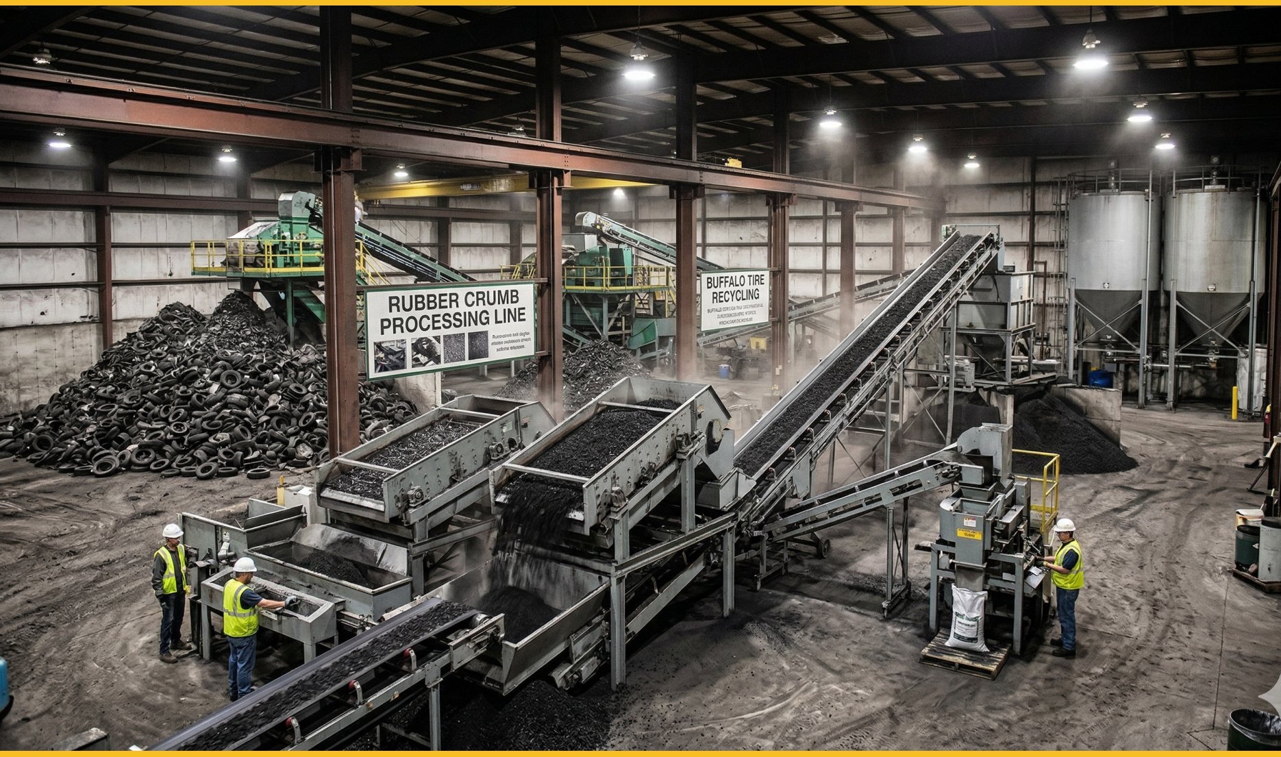 Industrial tire recycling facility converting old tires into rubber crumb — responsible tire disposal in Buffalo and Erie County Western New York