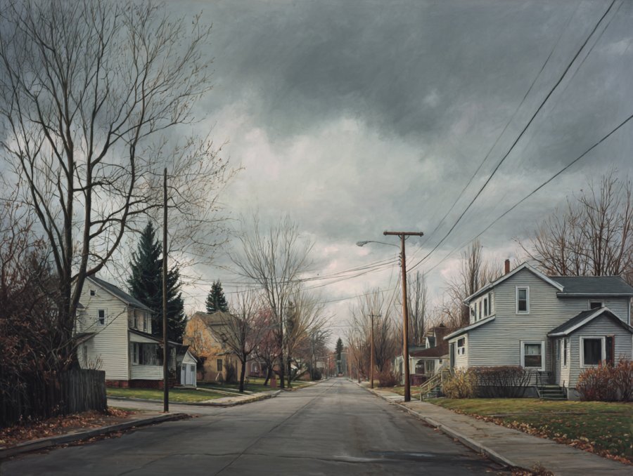 Quiet residential street in West Seneca NY in late autumn — typical Erie County suburb where job loss creates financial housing pressure