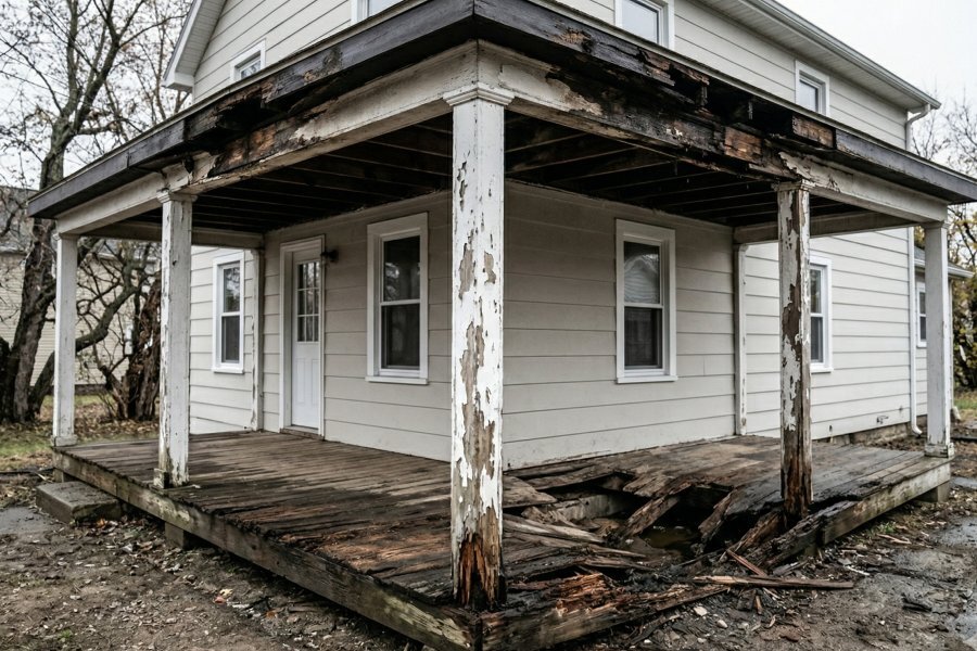 Severe wood rot on a porch and exterior of a Buffalo NY home
