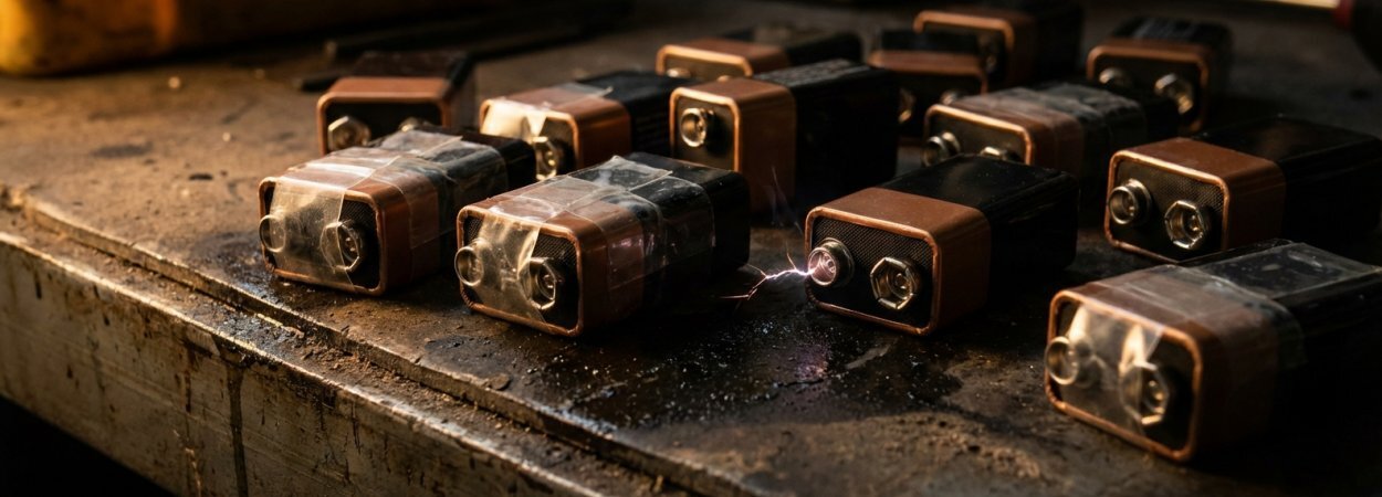 Nine-volt rectangular batteries with terminals taped for safe recycling in Buffalo NY — taping both terminals prevents short circuit fires at collection centers in Western New York