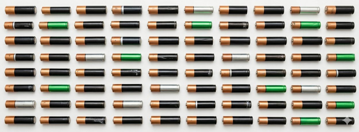 Rows of used AA and AAA alkaline batteries ready for disposal in Buffalo NY — legal to put in trash in New York State, free recycling available at Batteries Plus Amherst and Erie County HHW events