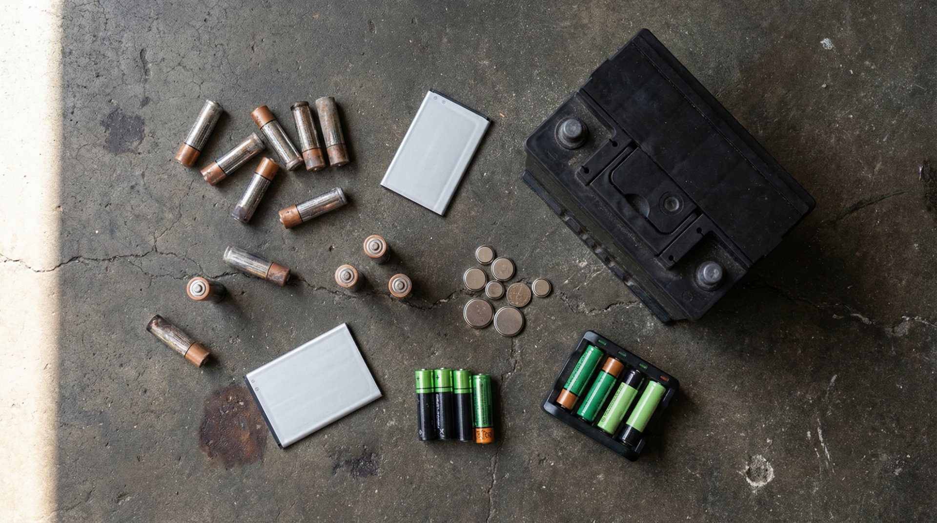 Battery disposal Buffalo NY — collection of AA alkaline, car, lithium-ion phone, button cell and rechargeable NiMH batteries ready for recycling in Western New York
