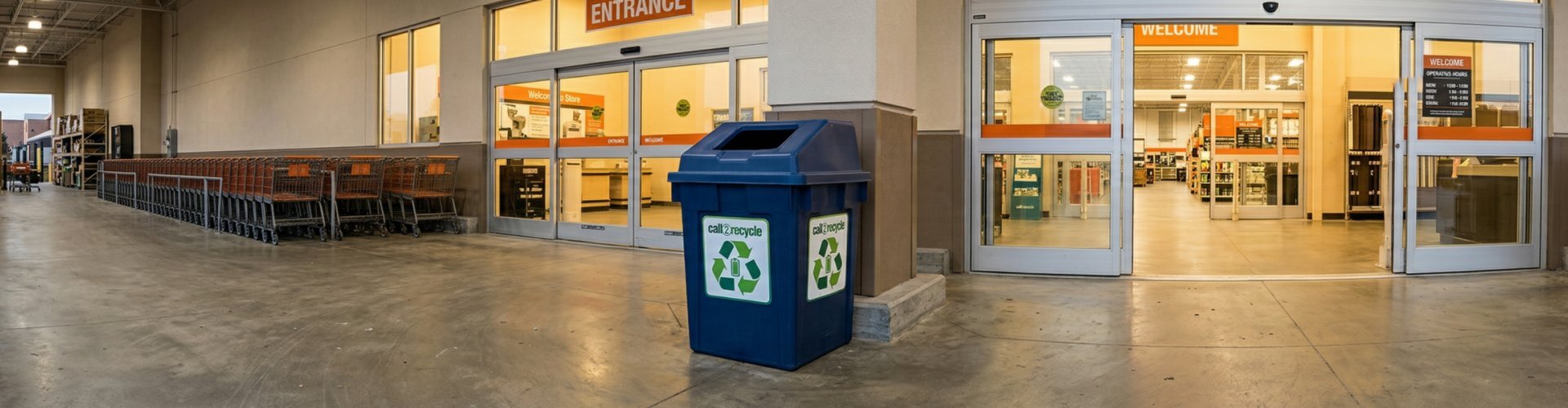 Call2Recycle battery drop-off bin at a retail store entrance in Buffalo NY — free rechargeable battery recycling for Erie County residents