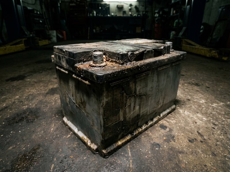 Used lead-acid car battery on a garage floor in Western New York — free car battery recycling at AutoZone, O'Reilly and Advance Auto in Buffalo NY