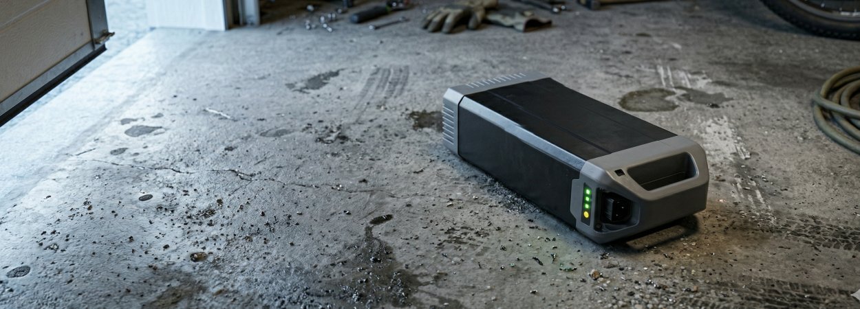 Large rectangular e-bike lithium battery pack on a garage floor in Western New York — covered under 2025 NYS Rechargeable Battery Recycling Act, disposal at Erie County HHW events or Hazman Tonawanda NY