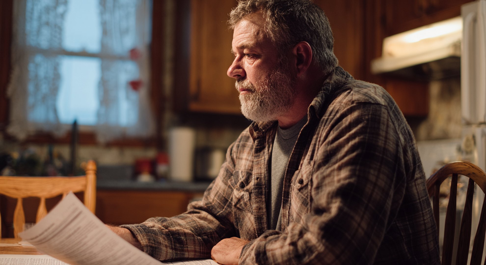 Homeowner sitting at kitchen table reviewing overdue Erie County property tax bills