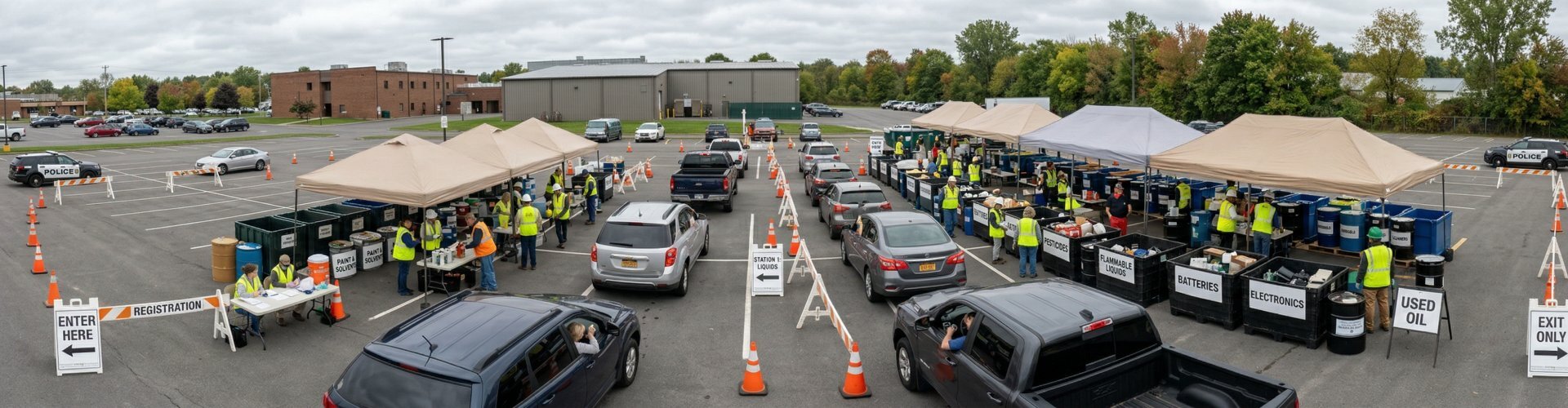Erie County household hazardous waste collection event in Buffalo NY — residents dropping off batteries and chemicals for safe disposal in Western New York