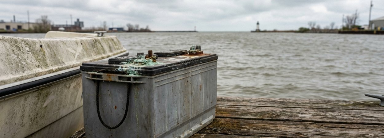 Marine lead-acid boat battery near a Western New York waterway ready for recycling — free disposal at AutoZone, O'Reilly Auto Parts and Advance Auto Parts in Buffalo and Erie County NY
