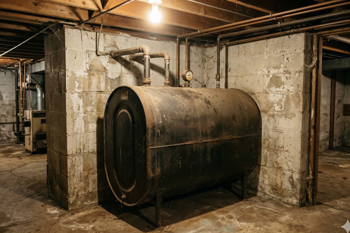 275 gallon steel heating oil tank in Buffalo NY home basement