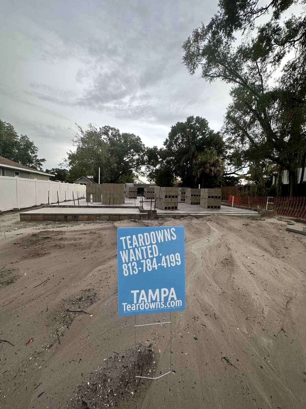 New South Tampa home foundation on a cleared teardown lot