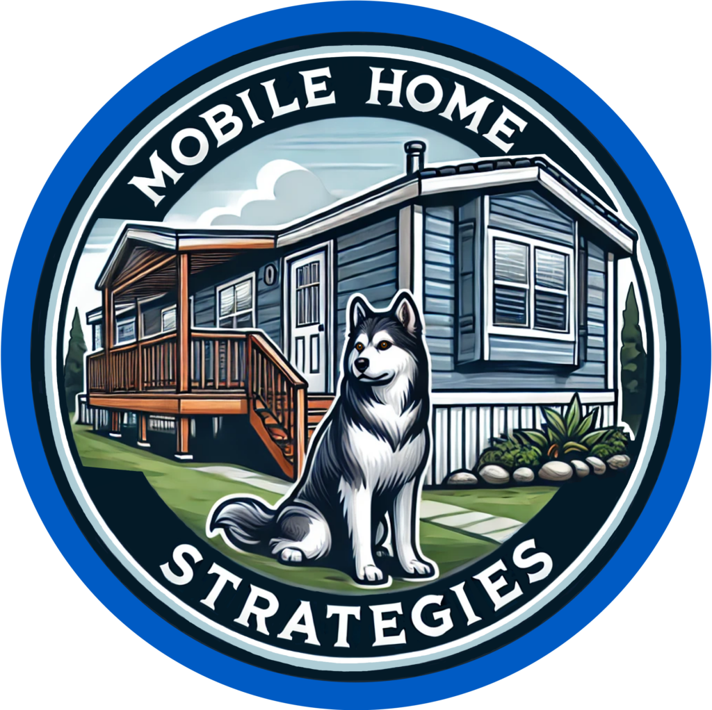 Mobile Home Strategies Logo with Mobile Home and Alaskan Malamute