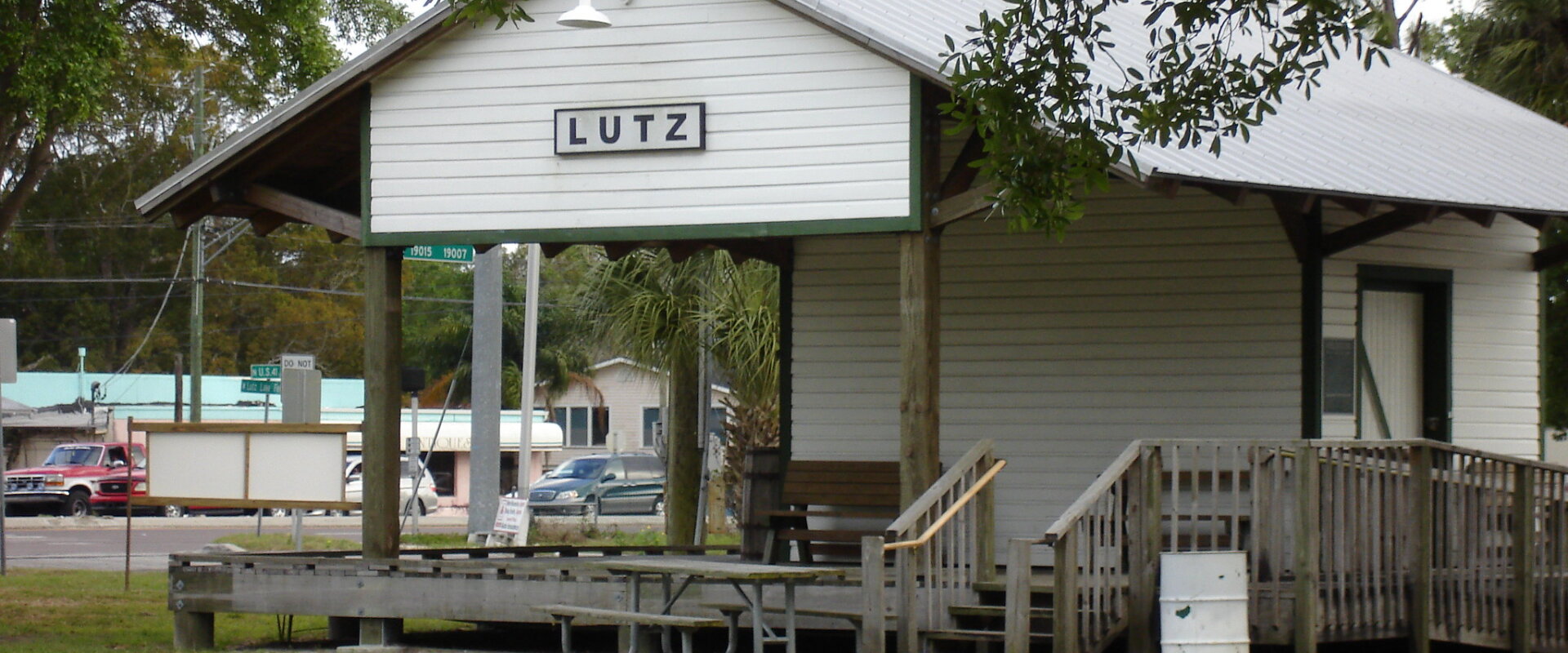 historic train depot with Lutz written in bold letters