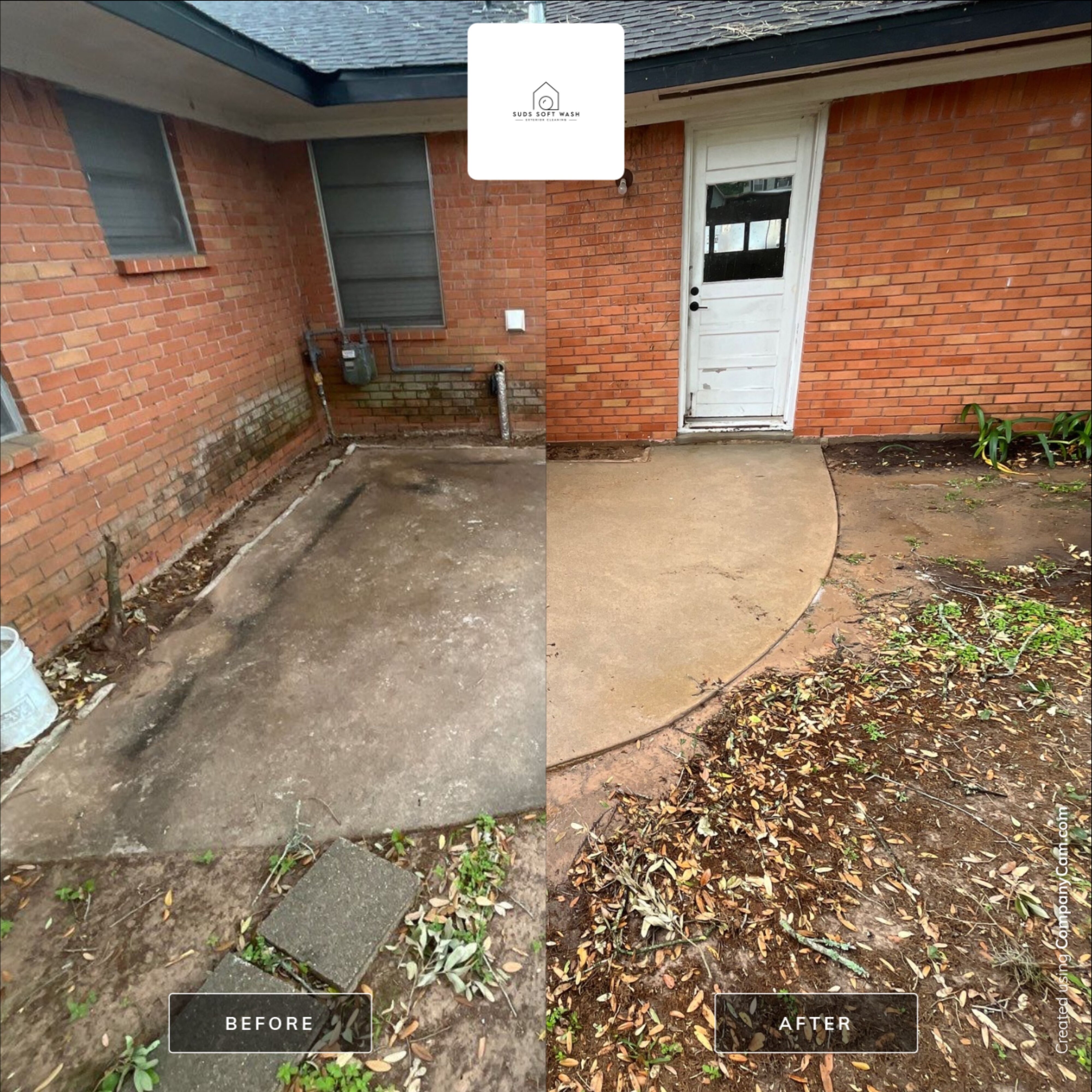 Back patio and brick before and after pressure washing in The Woodlands, TX
