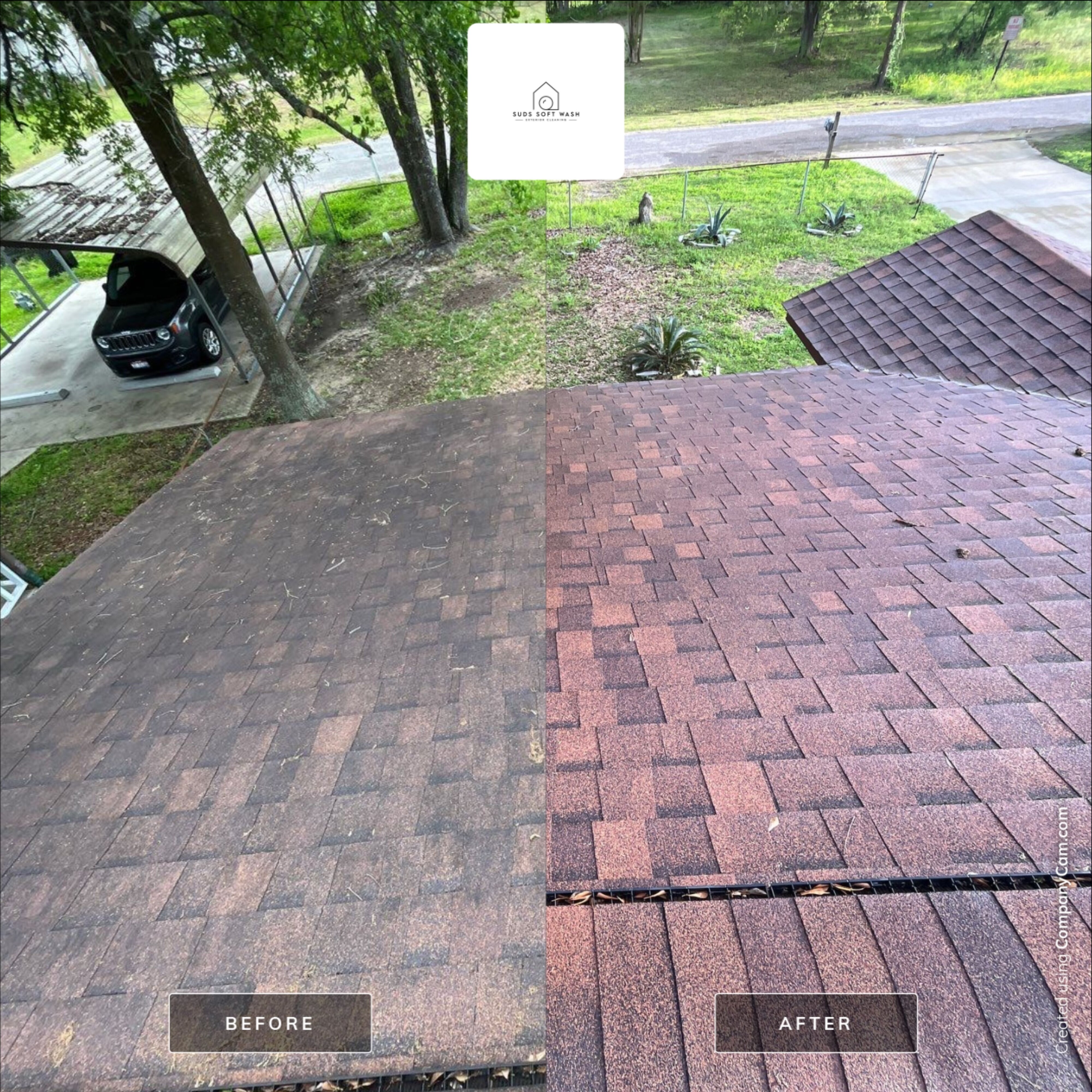 Roof soft washing showing before and after results on a home in The Woodlands, TX