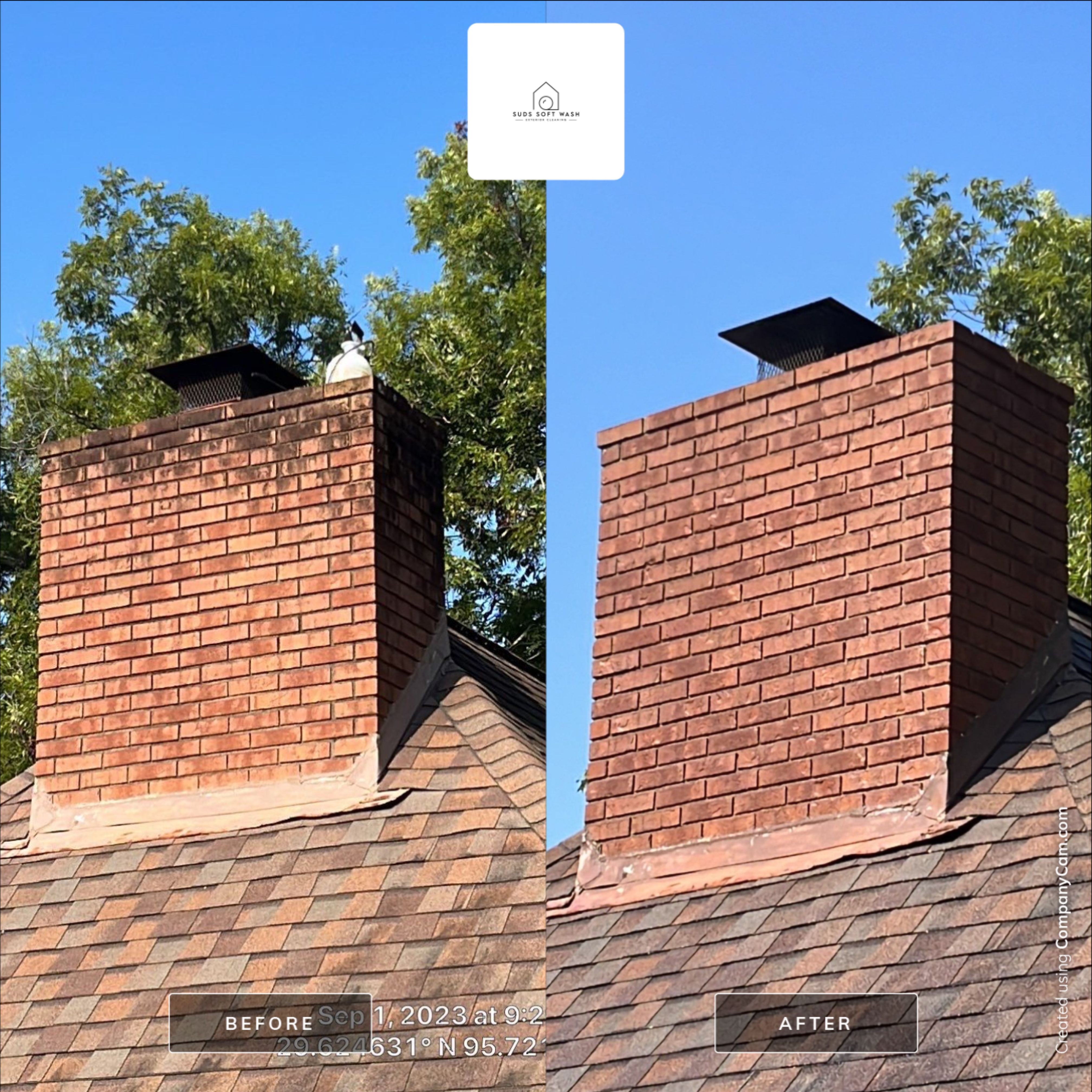Brick chimney before and after soft washing in The Woodlands, TX