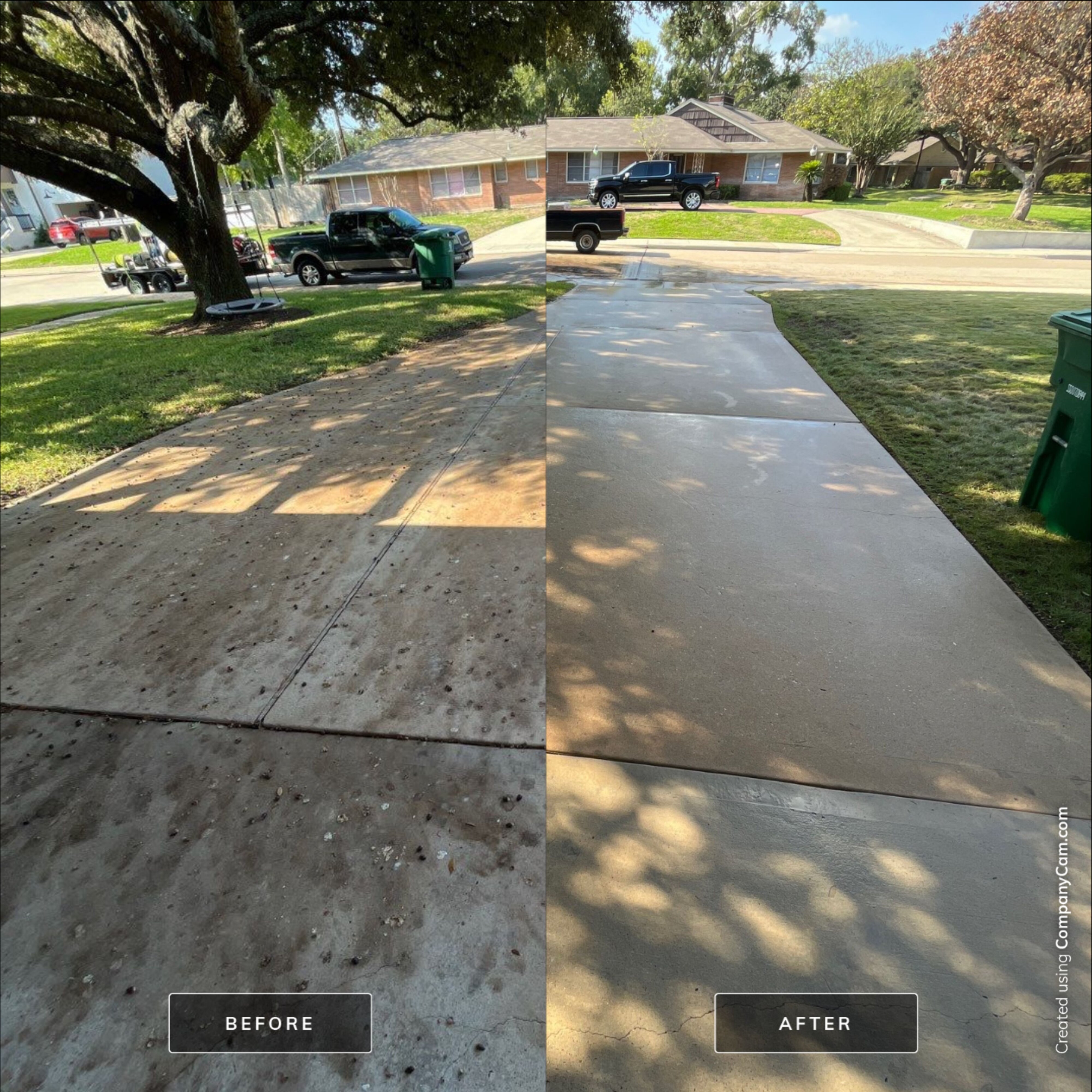 Concrete driveway before and after pressure washing in The Woodlands, TX