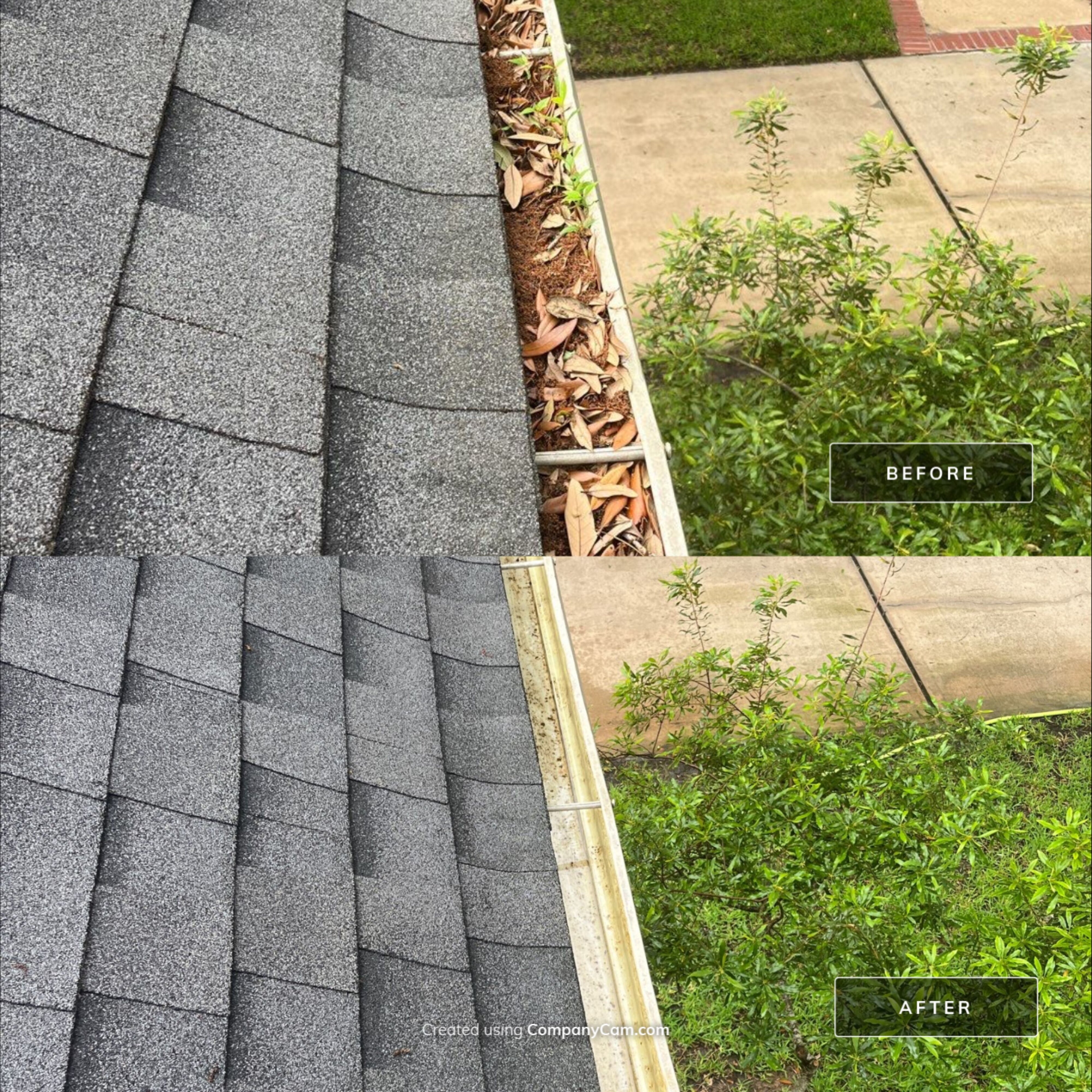 Clogged gutter before cleaning and the same empty gutter after cleaning on a home in the Houston area