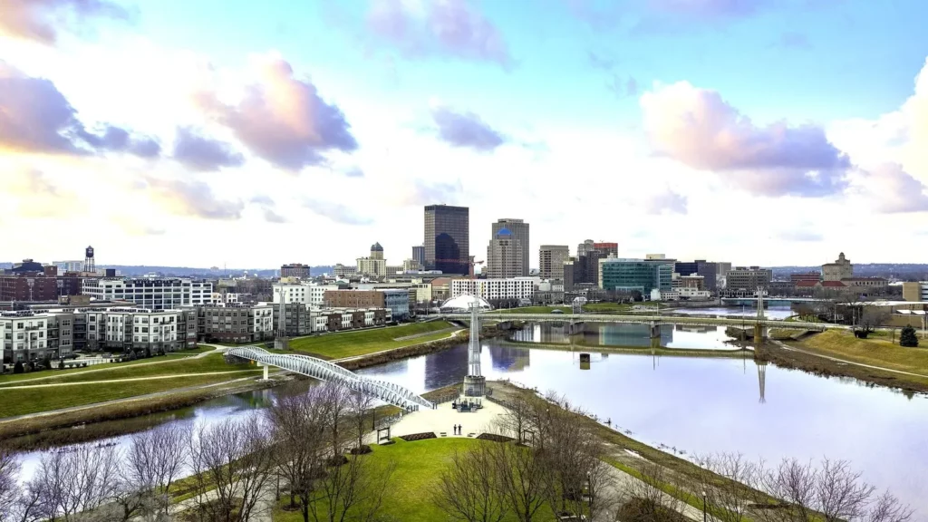 Dayton Ohio skyline at sunset