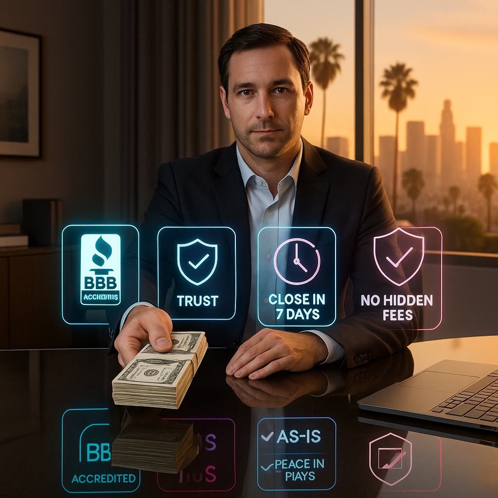 Real estate professional hands over cash with glowing icons for BBB Accredited, Trust, Close in 7 Days, and No Hidden Fees in a stylish LA office.