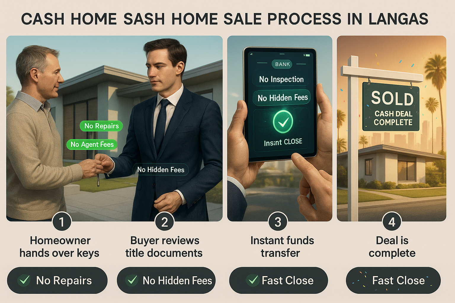 Four-step infographic of the cash home sale process from offer to closing