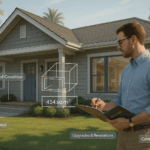 Photorealistic split-view of a home appraiser inspecting both the exterior and interior of a Los Angeles home, highlighting key appraisal areas like roof, yard, attic, and interior