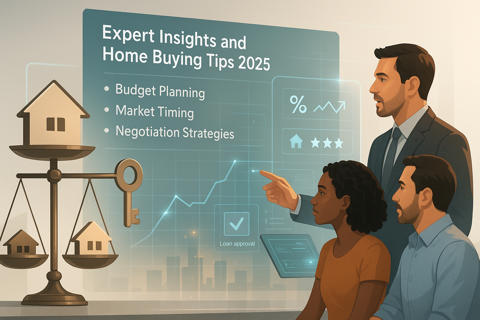 Real estate expert guides a couple through 2025 home buying tips using a digital dashboard and symbolic scale.