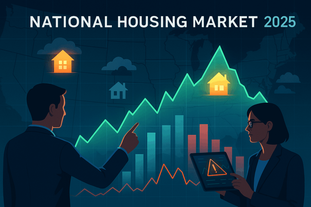 Professionals examining fluctuating housing market data on a U.S. map with green and red graph overlays.