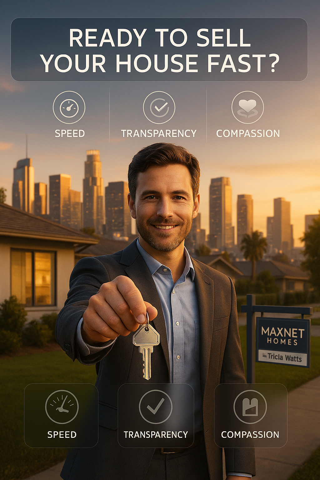 A confident homeowner smiles in front of a sold house with MaxNet branding and bold CTA encouraging visitors to get a fast cash offer.