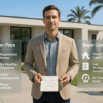 Confident cash homebuyer in smart-casual attire stands in front of a modern Los Angeles house with floating panels showing pros and cons of paying cash for a home