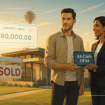 Modern mid-century Los Angeles home with SOLD sign and digital all-cash offer tablet held by homeowner and real estate agent at golden hour