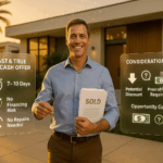 Smiling home seller holding keys and sold documents in front of a modern Los Angeles home with floating digital panels showing pros and cons of an all-cash offer