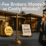 Balance scale comparing 5–6% real estate commission vs $5,000 flat fee in front of a modern Los Angeles home at sunset
