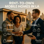 Diverse couple shaking hands with a real estate advisor in front of a modern mobile home at golden hour in Los Angeles, with pros and cons icons and MaxNet Homes logo
