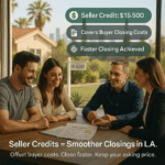 Los Angeles homebuyers and sellers sitting at a closing table reviewing a document showing a $15,500 seller credit, with “In Escrow” sign and palm trees outside.