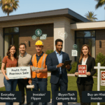 Four types of cash buyers standing in front of a modern Los Angeles home, including a couple with a sale check, an investor with cash and paint roller, a tech rep using a tablet, and a rental investor with a ‘For Rent’ sign