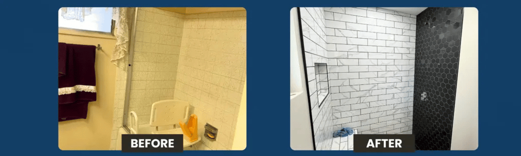 Before and after bathroom photos of a Los Angeles home showing old vs modern style